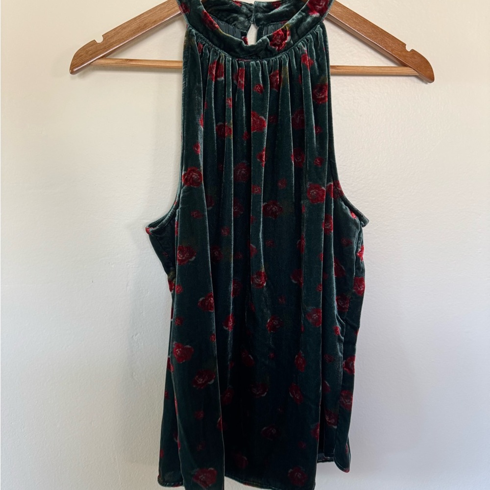Velvet Halter Top with Red Floral Pattern